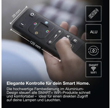 Smart Home Fernbedienung im Aluminium Design für Lampen, 120 Millimeter mal 39 Millimeter, WiFi fähig und wiederaufladbar.