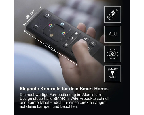 Smart Home Fernbedienung im Aluminium Design für Lampen, 120 Millimeter mal 39 Millimeter, WiFi fähig und wiederaufladbar.