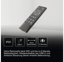 Fernbedienung für smarte Beleuchtung mit USB-C Ladeanschluss, Schutzart IP20, hoher Reichweite und sechs Monaten Batterielaufzeit.