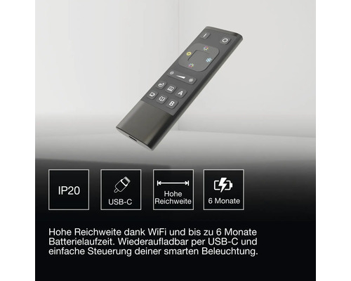 Fernbedienung für smarte Beleuchtung mit USB-C Ladeanschluss, Schutzart IP20, hoher Reichweite und sechs Monaten Batterielaufzeit.