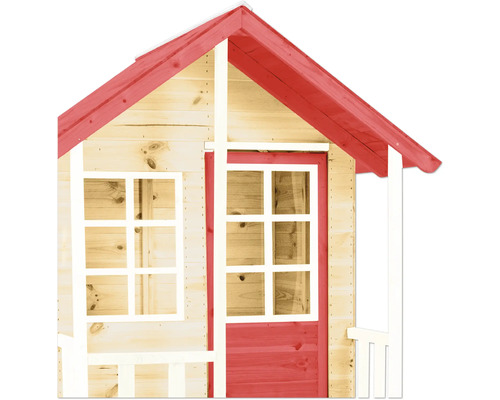 Detailansicht eines Kinderspielhauses mit rotem Dach und Tür sowie weißem Fensterrahmen.