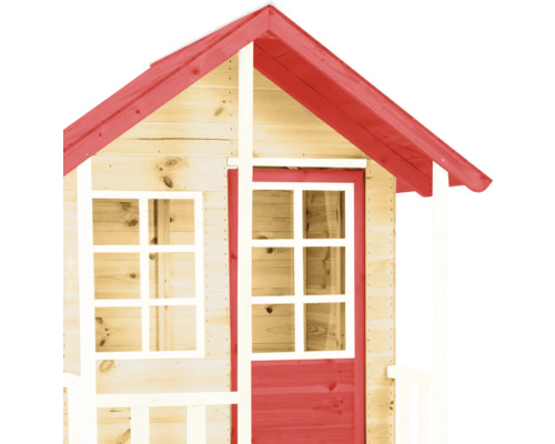 Detailansicht eines Spielhauses aus Holz mit Fenster und Tür