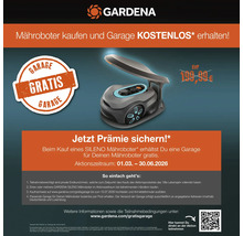Gardena Aktion: Beim Kauf eines Sileno Mähroboters erhalten Sie eine kostenlose Garage für den Mähroboter. Aktionszeitraum: 01.03. bis 30.06.2026. Gardena Logo.