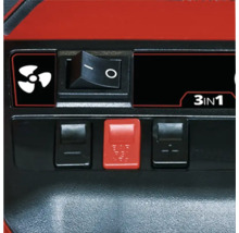 Nahaufnahme der Bedienelemente eines 3-in-1 Geräts mit Schaltern und Symbolen