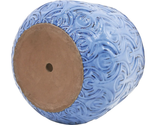 Blauer Blumentopf mit Loch im Boden