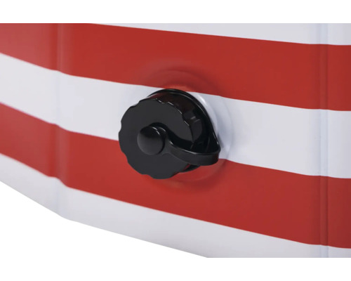 Detailansicht eines rot-weiß gestreiften aufblasbaren Artikels mit einem schwarzen Ventil