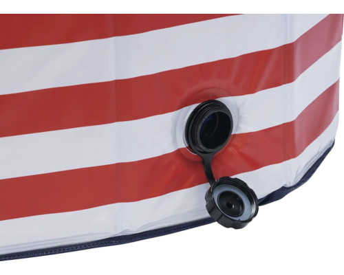 Detailansicht eines Pools mit rot-weissen Streifen und Ablassventil.