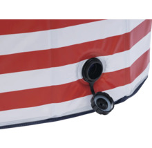 Detailansicht eines aufblasbaren Pools mit roter und weißer Streifenoptik sowie einem schwarzen Verschlussstopfen