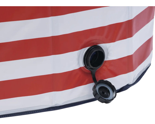 Detailansicht eines aufblasbaren Pools mit roter und weißer Streifenoptik sowie einem schwarzen Verschlussstopfen