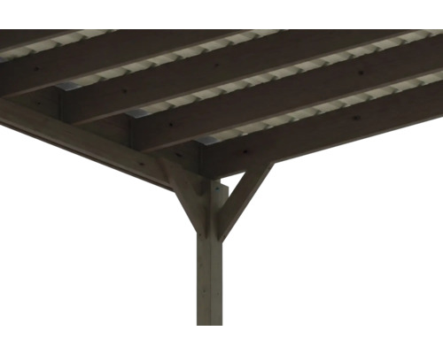 Detailansicht einer Holz-Carport-Konstruktion mit Pfosten, Querbalken, Kopfbändern und Wellplattenbedachung.