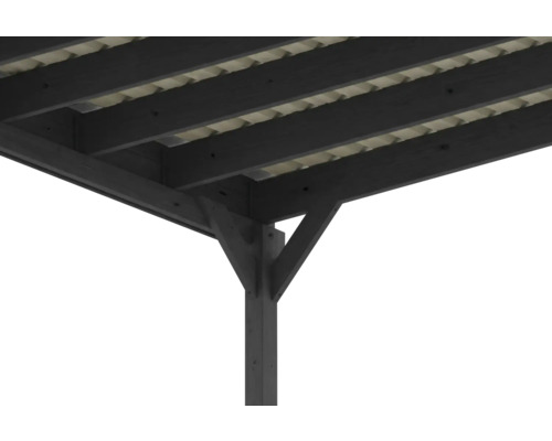 Konstruktionsdetail einer Terrassenüberdachung aus Holz in Anthrazit mit Pfosten, Balken und Sparren.