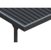 Carport-Dachecke mit dunklem Trapezblech, metallener Dachrandblende und dunklem Holzpfosten.