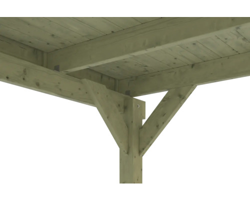 Detailansicht einer stabilen Holzkonstruktion mit Pfosten, Querbalken und Kopfbändern zur Unterstützung eines Holzdachs.