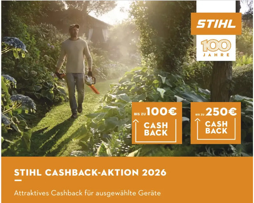 Stihl Cashback Aktion 2026 mit bis zu 250 Euro Rückerstattung auf ausgewählte Geräte. Mann geht mit einer Heckenschere durch den Garten. Stihl Logo