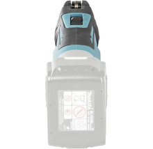 Detailansicht einer Makita Akku-Schnittstelle mit einem 18 Volt Lithium-Ionen-Akku und einem Schiebeschalter.