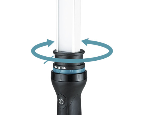 Nahaufnahme einer Arbeitsleuchte mit Pfeilsymbol zur Darstellung der 360 Grad Drehbarkeit des Leuchtkörpers.