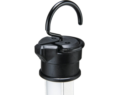 Schwarzer Aufhängungshaken aus Kunststoff und Metall für Arbeitsleuchten.