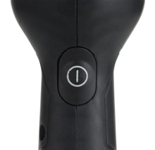 Detailansicht des Ein-Aus-Schalters an einem schwarzen Elektrogerät.