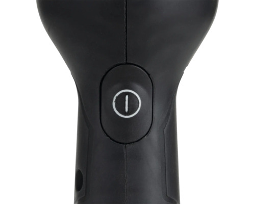 Detailansicht des Ein-Aus-Schalters an einem schwarzen Elektrogerät.