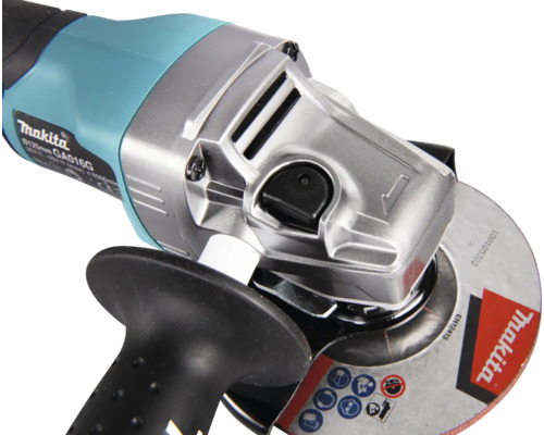 Makita Winkelschleifer GA016G mit Getriebekopf aus Metall und schwarzem Zusatzhandgriff.