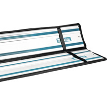 Makita Führungsschiene in einer schwarzen Transporttasche mit Befestigungsgurten und Makita Logo.