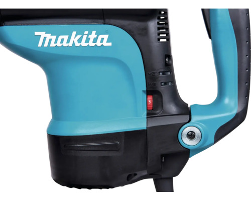 Detailansicht eines Makita Elektrowerkzeugs mit Makita Logo, Geschwindigkeitsregler, Funktionswahlschalter und Handgriff.