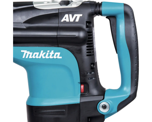 Türkis-schwarzer Makita Bohrhammer mit Anti-Vibrations-Technologie und ergonomischem Handgriff.