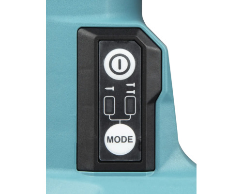 Bedienfeld eines Elektrowerkzeugs mit Ein- und Ausschalter sowie Modustaste zur Auswahl zwischen Einzel- und Kontaktauslösung.