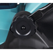 Nahaufnahme eines sternförmigen Verstellknaufs aus Kunststoff an einem Rasenmähergriff.