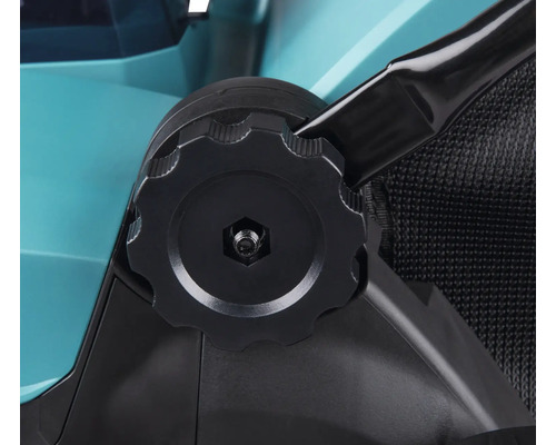 Nahaufnahme eines sternförmigen Verstellknaufs aus Kunststoff an einem Rasenmähergriff.