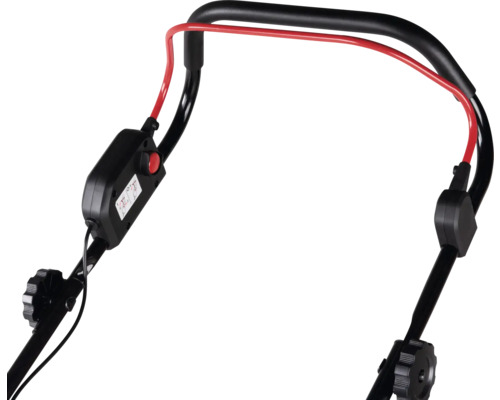 Schwarzer Rasenmähergriff mit rotem Sicherheitsbügel und schwarzer Bedieneinheit.