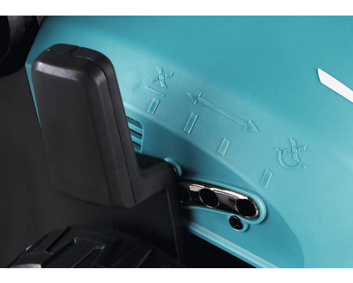 Einstellhebel an einem Rasenmäher mit Symbolen für verschiedene Mähfunktionen wie Mulchen und Grasfangen.