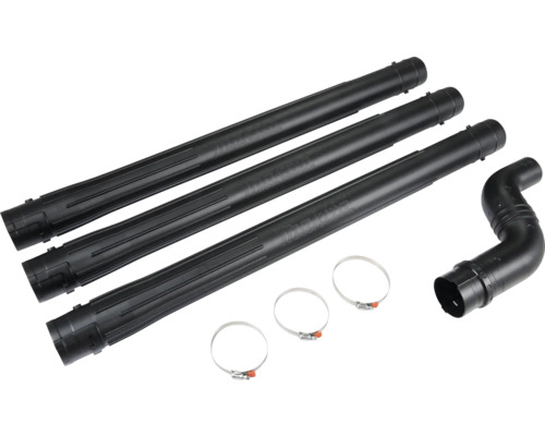 Makita Set mit drei Verlängerungsrohren, einem Bogenrohr und drei Schlauchschellen aus Metall für Laubbläser.