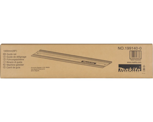 Kartonverpackung für Makita Führungsschiene 1000 Millimeter, Modell 199140-0, mit Produktabbildung und Makita Logo.