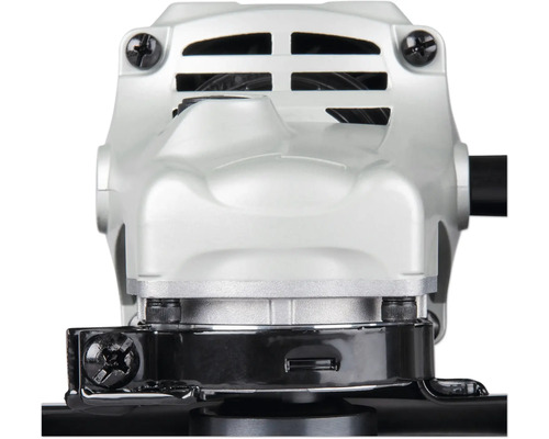 Nahaufnahme des Getriebekopfes und der Schutzhaube eines Winkelschleifers