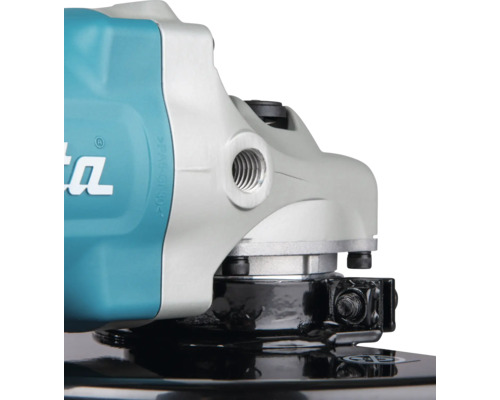 Makita Winkelschleifer Getriebekopf mit Gewinde für den Zusatzhandgriff und schwarzer Schutzhaube.