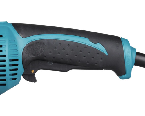 Ergonomischer Handgriff eines Elektrogeräts in Cyan und Schwarz mit strukturierten Griffflächen und Auslöseschalter.