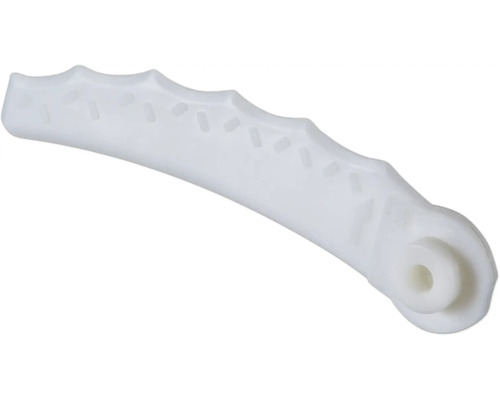 Ersatzteil aus Kunststoff für Fensterbeschlag, gebogen mit Einkerbungen und einer kreisförmigen Öffnung zur Montage.