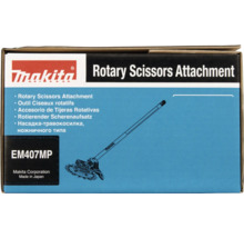 Makita Logo, rotierender Scherenaufsatz EM407MP für Multifunktionsantriebe auf der Produktverpackung.