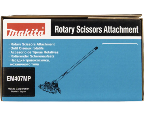 Makita Logo, rotierender Scherenaufsatz EM407MP für Multifunktionsantriebe auf der Produktverpackung.
