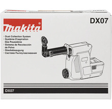 Verpackung für Makita Staubabsaugung DX07 mit Makita Logo und technischer Zeichnung.