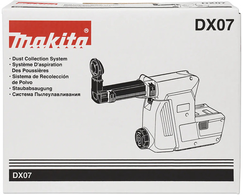 Verpackung für Makita Staubabsaugung DX07 mit Makita Logo und technischer Zeichnung.
