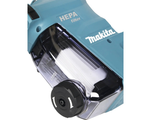 Makita Staubbox mit integriertem HEPA-Filter und transparentem Sichtfenster zur Füllstandskontrolle.