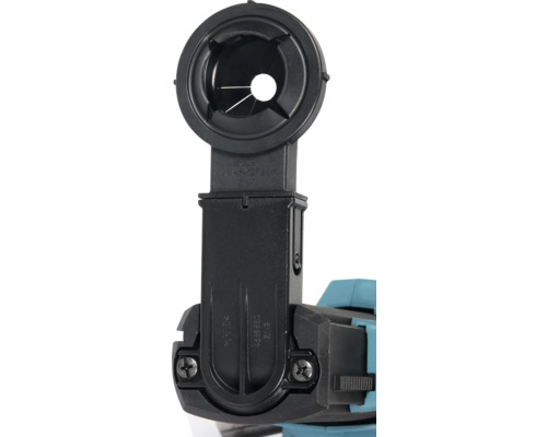 Schwarzer Staubabsaugadapter aus Kunststoff mit runder Öffnung und Schraubbefestigung für Elektrowerkzeuge.