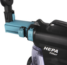 Detailansicht eines Staubsaugers mit HEPA-Filter, blauen Entriegelungstasten und transparentem Staubbehälter.