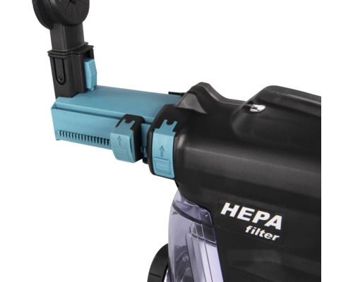 Detailansicht eines Staubsaugers mit HEPA-Filter, blauen Entriegelungstasten und transparentem Staubbehälter.
