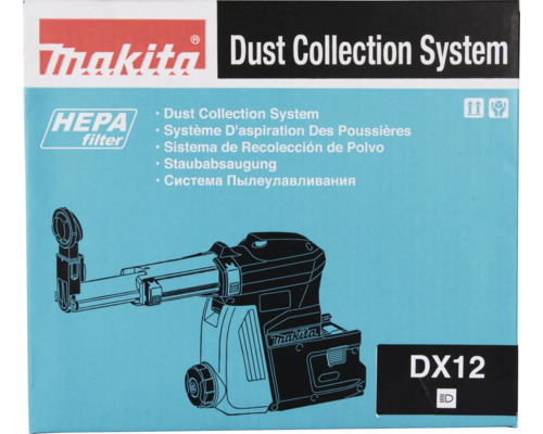 Makita Logo, Staubabsaugung DX12 mit HEPA-Filter auf der Produktverpackung.