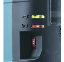 Bedienfeld eines Elektrowerkzeugs mit Netzanzeige, Serviceanzeige für Kohlebürsten und Stellrad für die Drehzahlregelung auf Stufe 5.