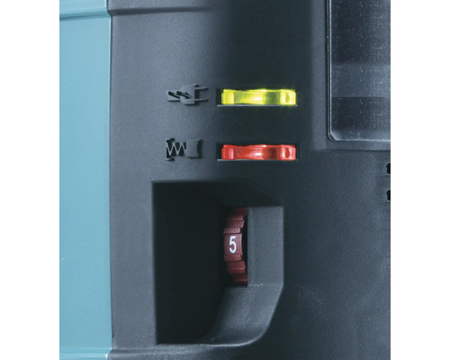 Bedienfeld eines Elektrowerkzeugs mit Netzanzeige, Serviceanzeige für Kohlebürsten und Stellrad für die Drehzahlregelung auf Stufe 5.