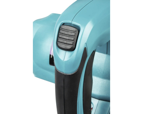 Nahaufnahme eines Werkzeuggriffs mit einem schwarzen Schiebeschalter und gummierter Grifffläche.